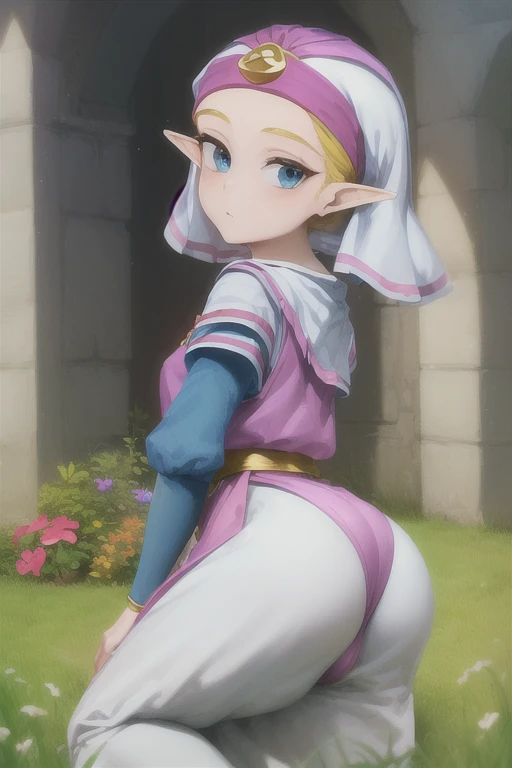 masterpiece, best_quality, 1girl, solo, princess zelda, nintendo, the legend of zelda, oot, young zelda, outdoors, looking at viewer, floweeld, sexy, big ass, Tight waist, Spread your legs