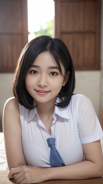 Scored7_up, scored8_up, scored9, Real-photo, (masterpiece), high-quality, best-quality, low-light, soft-light, sufficent-lighting, ultra-realistic, hyper-realistic, super-detailed, blush, smooth, bokeh, highly detailed face and skin, Sharp focus of face and full-body, UHD, POV, RAW, 8K, middle-shot, dynamic-concept, very detailed texture, professional-photograph, very detailing, natural-themes, impeccable, photon-mapping, absurdres. beautiful java young women, cool-beauty, perfect-face, doubleyelids, expressive-eyes, thin-face, thin-chin, short hair, wear uniform Indonesian high school, (plump-body), big breasts, standing, (indoor), class-room, looking at viewer.