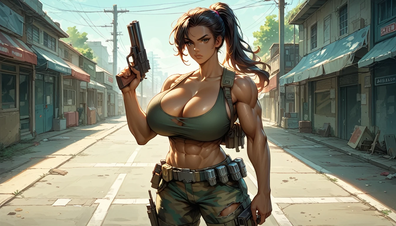 score_9, score_8_up, score_7_up, score_6_up, masterpiece, high quality, perfect face, beautiful face, solo, 1girl, ponytail, dark skin, ripped white tank top, camo khaki pants, cleavage, serious, huge breasts, perfect round breasts, muscular, abs, perfect female body, looking at viewer, standing, holding 2 pistols, gun holster, utility belt, warzone, morning, zoom in, intricate detail, delicate pattern,