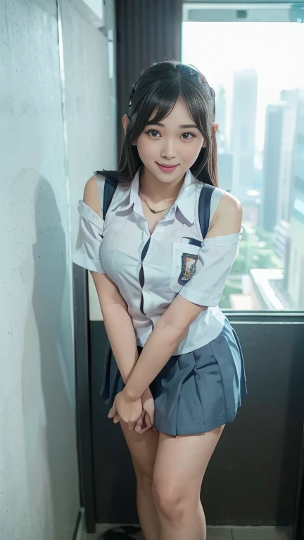 Best Quality, high resolution, Photo Shot, (Photorealistic:1.4), 1girl in, small round breasts, wide shoulder, thick body 
Sexy , (indonesian highschool uniform) , wearing white shirt, wearing grey blue short skirt, Looking at Viewer, Cute smile, Full body, Detailed eyes, Detailed face, seltry, detail skin, close up