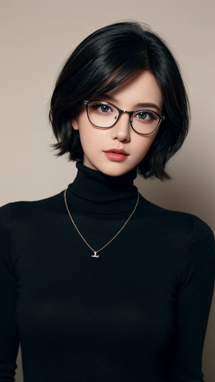 (Best Quality),Black Hair(Short Hair),Black-rimmed glasses,Blue Eyes,turtleneck(necklace)Zoom in