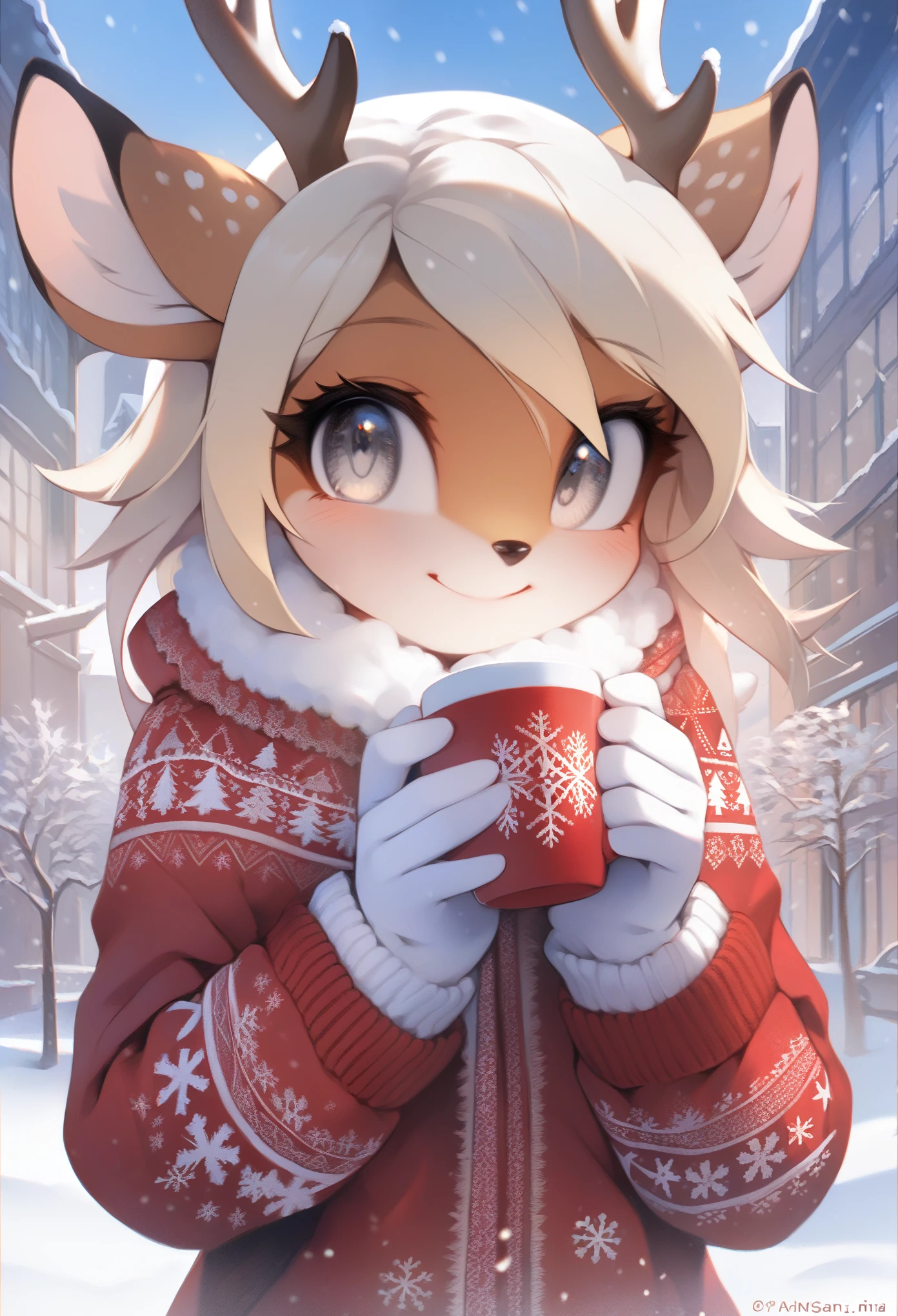 Akami Mira, ((masterpiece, very detailed, fine details, detailed background, HD, intricate details, highlights, detailed shadows), snowing, winter, mobian, 1girl, deer, medium blonde hair, grey eyes, attractive, gorgeous body, medium breast, warm winter clothes, city, smile, cute, Christmas, white gloves