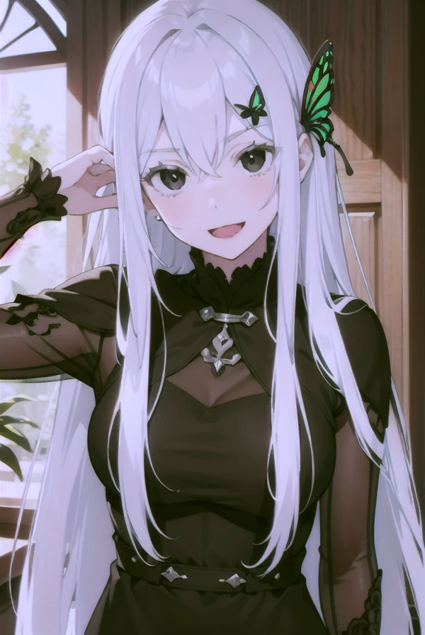 ((Echidna:1.3)),Big eyelashes, (Gray Hair:1.1), Long Hair, Straight hair, (Black Eyes:1.5),(black dress),butterfly hair accessories,long dress,(masterpiece:1.2),High resolution,((high detail:1.2)),(8k wallpaper:1.1),(Beautiful detailed eyes:1.5),Highly detailed face,Extremely detailed CG,(Perfect Anatomy),((gentle smile:1.1)),((tilt head:1.2)),(evil smile:1.2),hard on cheek,(hull body),cute,(tea time),relax,(open mouth),seductive