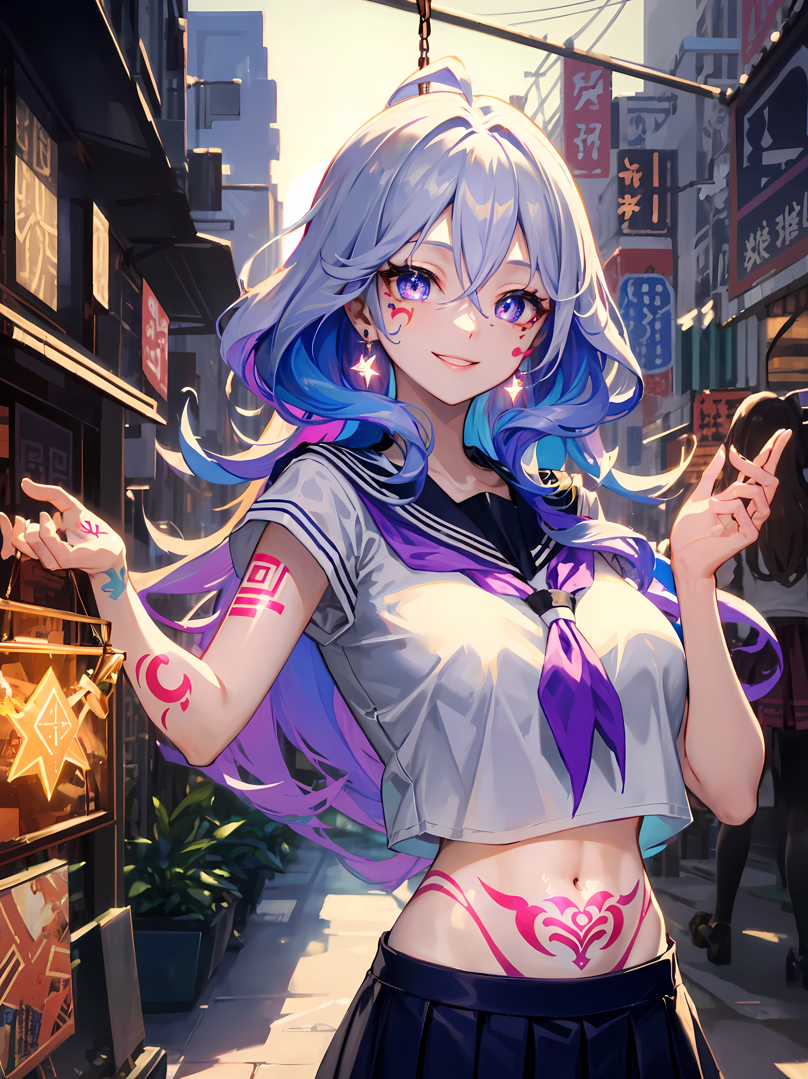 (absurdres, highres, ultra detailed), (A Divine goddess), Dynamic Body Type, beautiful, ((2.5D)), Beautiful Eyes, Delicate Eyes, Delicate Silhouette, (1woman:1.3), (runic tattoos:1.5), (stickers:1.4), (sailor uniform:1.4), (white academic shirt:1.4), no collar, collarless, (pleated skirt), (miniskir, micro skirt), (), huge breasts, perfect collarbone, (perfect cleavage), (exposed midriff:1.3), (hanged croptop:1.5), slim fit, narrow waist, twintails, close up, purple hair, dynamic pose, elegant, detailed iris, sparkle eyes, star in eyes, (enchanting purple eyes:1.3), (multicolored eyes), (long hair:1.3), (hair ribbons:1.3), (pink hair:1.3), (fluffy hair:1.3), (hair between eyes), (hair over one eye:1), (floating hair:1.3), masterpiece, highest quality, earrings, pink skin, glowing hair, detailed face, blushing, shy, cute smile, red lips, sharp eyelashes, (lunar new years, full moon, lanterns, fireworks), BREAK, glitch art, digital distortion, pixelated fragments, data corruption, colorful noise, visual chaos, contemporary aesthetics BREAK , enamel art, glass-like surface, vibrant colors, glossy finish, reflective textures, rich pigments, fluid forms BREAK, ethnic style,vibrant patterns, handmade textiles, cultural motifs, beaded jewelry, artisanal accessories