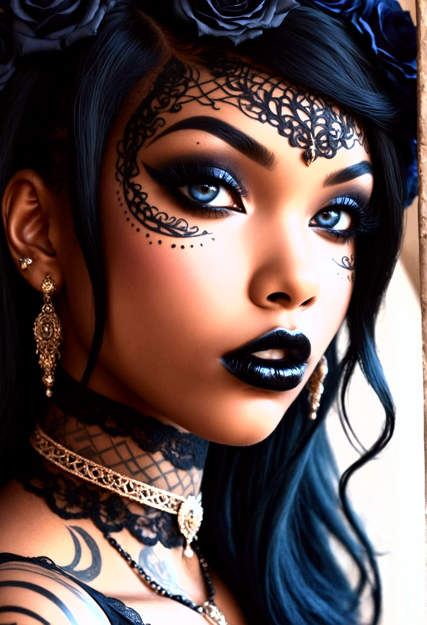 Create a photo realistic hyper realistic heavily tattooed young adorable American Indian goth girl, beautiful perfect face, vibrant sapphire eyes, thin curved black eyebrows, long luscious eyelashes, black eyeliner, black eye shadow, puckered curved lips, thick black lipstick, long natural african hair, black lace choker collar, voluptuous curved body, black lingerie, black thong,