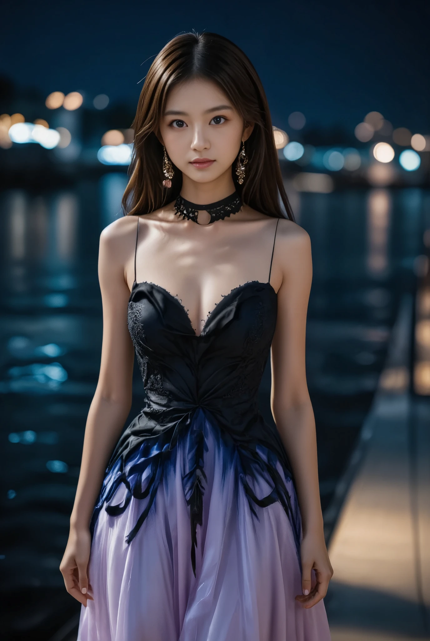 photo of Japanese girl, 1girl, long hair, brown hair, portrait, 

Fashion. A female model walks along a harbour landing at night in an elaborate, voluminous gown, which changes from a deep navy blue at the top to a pale lavender at the bottom in a gradient-like pattern. The gown is strapless and features a sweetheart neckline. It is decorated with black feathers cascading down from the bodice, creating a textured, feathery appearance. The model's hair is slicked back, emphasising the elegant and serene look. Black choker necklaces and black earrings accentuate the look.