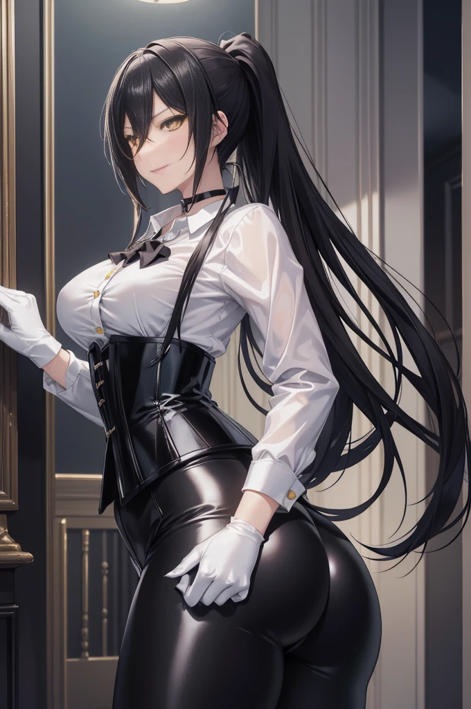 Sakuya Shirase, Sakuya Shirase first, long black ponytail hair, masterpiece, The best quality, high resolution, Beautiful detailed eyes, amber yellow eyes, extremely detailed face, good lighting, Detailed CG, 1 woman, standing, view from behind, perfect ass,  blush, smug expression. show smile, shiny lips, choker:1.6, ((White collar button-down shirt with white long sleeves)), black gloves, gloves that cover the hands, (black leather corset), (Black shiny leggings), (black boots), elegant dining room, mansion, night, neon lights