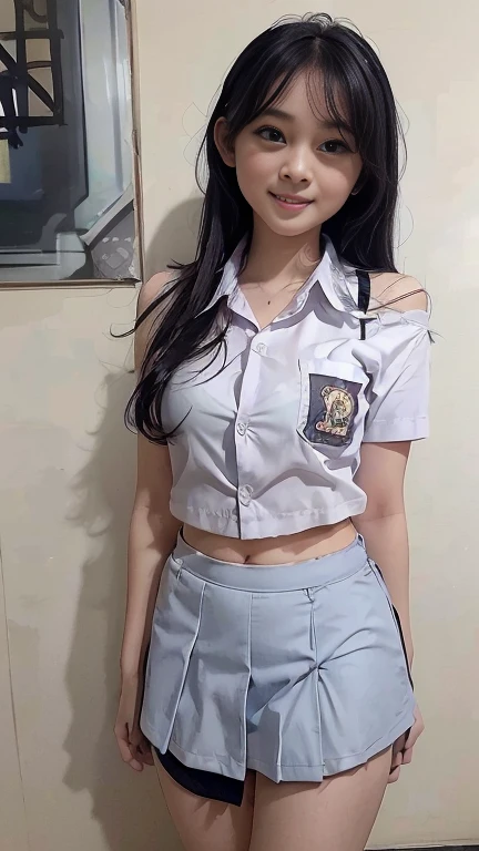 Best Quality, high resolution, Photo Shot, (Photorealistic:1.4), 1girl in, small round breasts, wide shoulder, Sexy , (indonesian highschool uniform) , wearing white shirt, wearing grey blue short skirt, Looking at Viewer, Cute smile, Full body, Detailed eyes, Detailed face, seltry, detail skin, close up