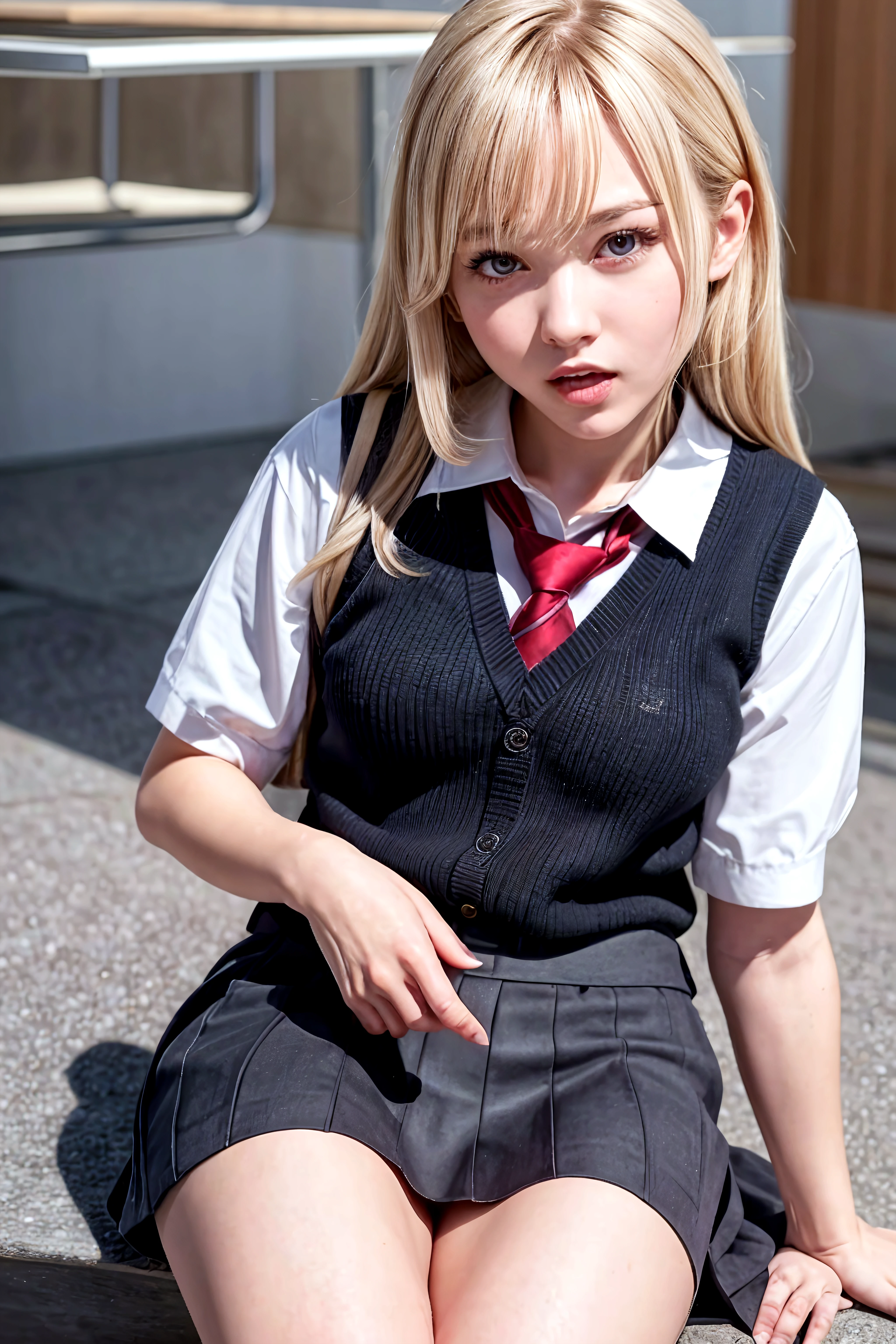 akizuki airi. oni chichi, masterpiece, best quality, super detailed, illustration, flat color, depth of field,
1 girl, young, anime, stairs, fell, sitting on the butt, blonde, twintails, red pleated mini skirt, wet white button-down shirt, school uniform, serafuku, blue tie, no bra, black tights, small backpack, detailed leather texture, detailed fabric texture, beautiful detailed face, big breasts, blue eyes, pregnant, tired, pink panties, translucent, cried, tears, torn tights