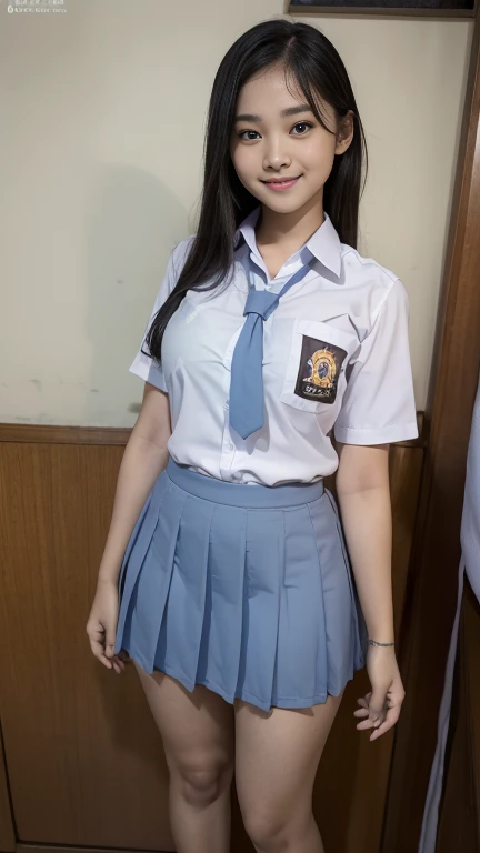 Best Quality, high resolution, Photo Shot, (Photorealistic:1.4), 1girl in, small round breasts, wide shoulder, Sexy , (indonesian highschool uniform) , wearing white shirt, wearing grey blue short skirt, Looking at Viewer, Cute smile, Full body, Detailed eyes, Detailed face, seltry, detail skin, close up