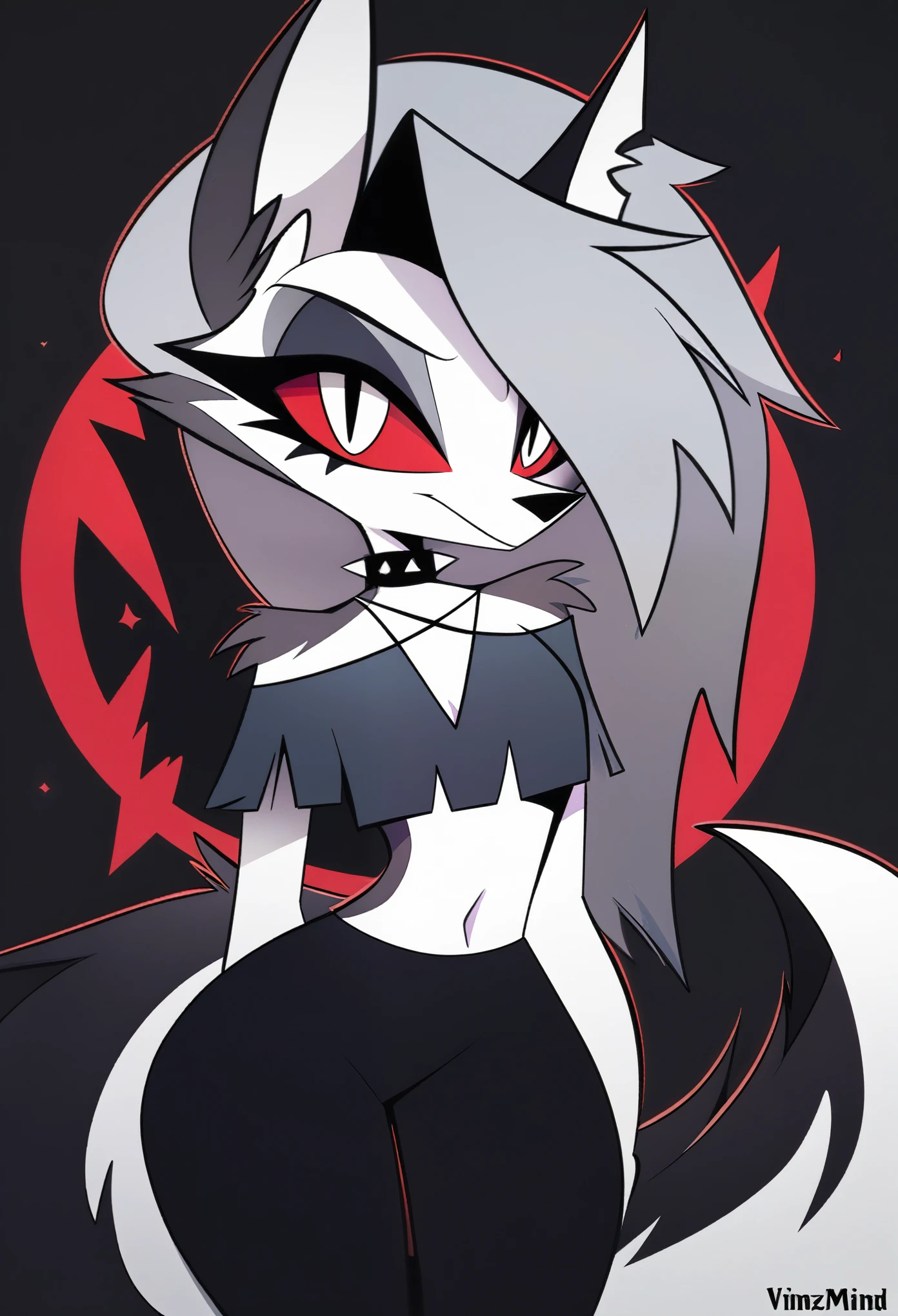 (Vivziepop style), anthro, canid, canid demon, demon, female, hellhound, helluva boss, instagram, (loona), mammal, official art, red sclera,  solo, long grey hair, (by vivzmind), legs spread, black panties