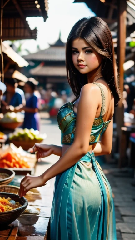 Selena Gomez is wearing Javanese Kebaya, selling fishes, Hot Sexy Kebaya, at traditional fishes market, UHD, Masterpiece, Extremely Realistic, 8k, Super Detailed, best angle photography, best photography.