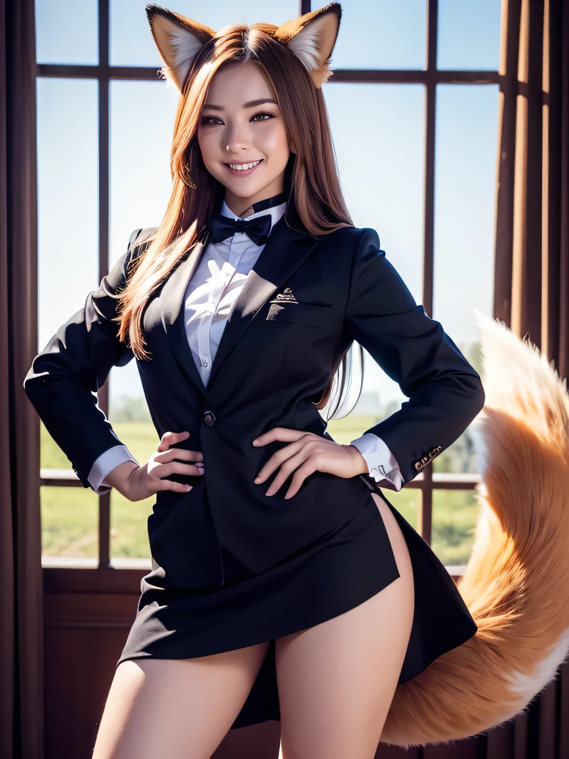 ((highest quality, 32k)), ((masterpiece)), (Get used to it), Perfect Face, Fox Girl, Beautiful woman, public, There is a tail, she has a fox tail, She wags her fluffy tail, smile, collar, She wears a business suit, Beautiful hip line, A tail sticking out from a business suit, Big Ass
