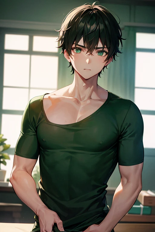 masterpiece, best quality, 1 male, adult, tall muscular, handsome, finely detailed eyes, intricate details, (absurdres, highres, ultra detailed), (1 solo male) 1 male, elf adult, handsome, tall slender guy, narrow eyes, narrow shoulders, finely detailed eyes and detailed face, messy shaggy black hair, side bangs, bangs, green eyes, sexy twink, shirtless, final fantasy 14, dog collar, blushing, shy, embarrassed, submissive, in a barn, naked man