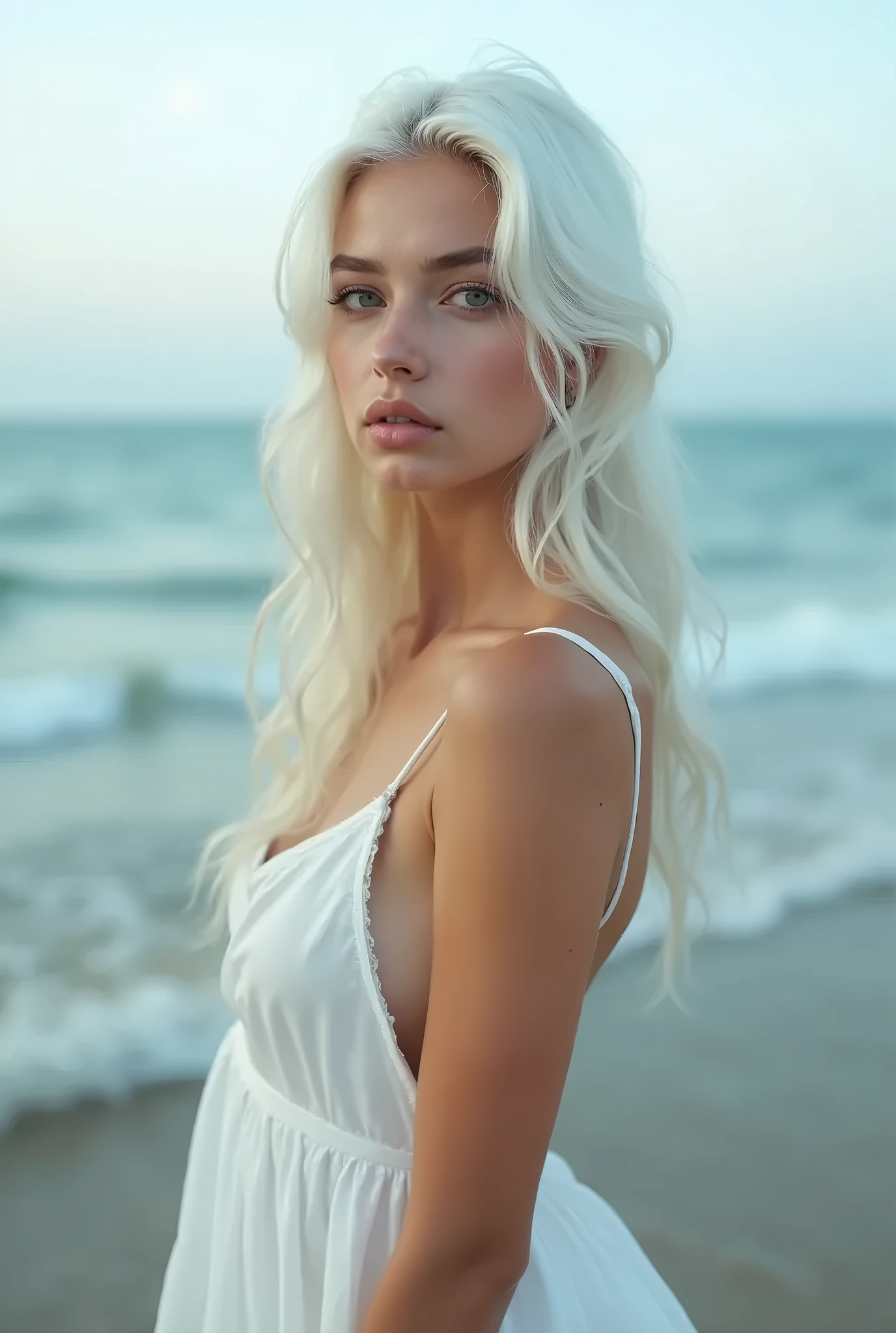 sexy model, pale white skin, Blue bright eyes, bright white hair, entering the sea from a yach, seen from the back, sexy back, fat ass, at night