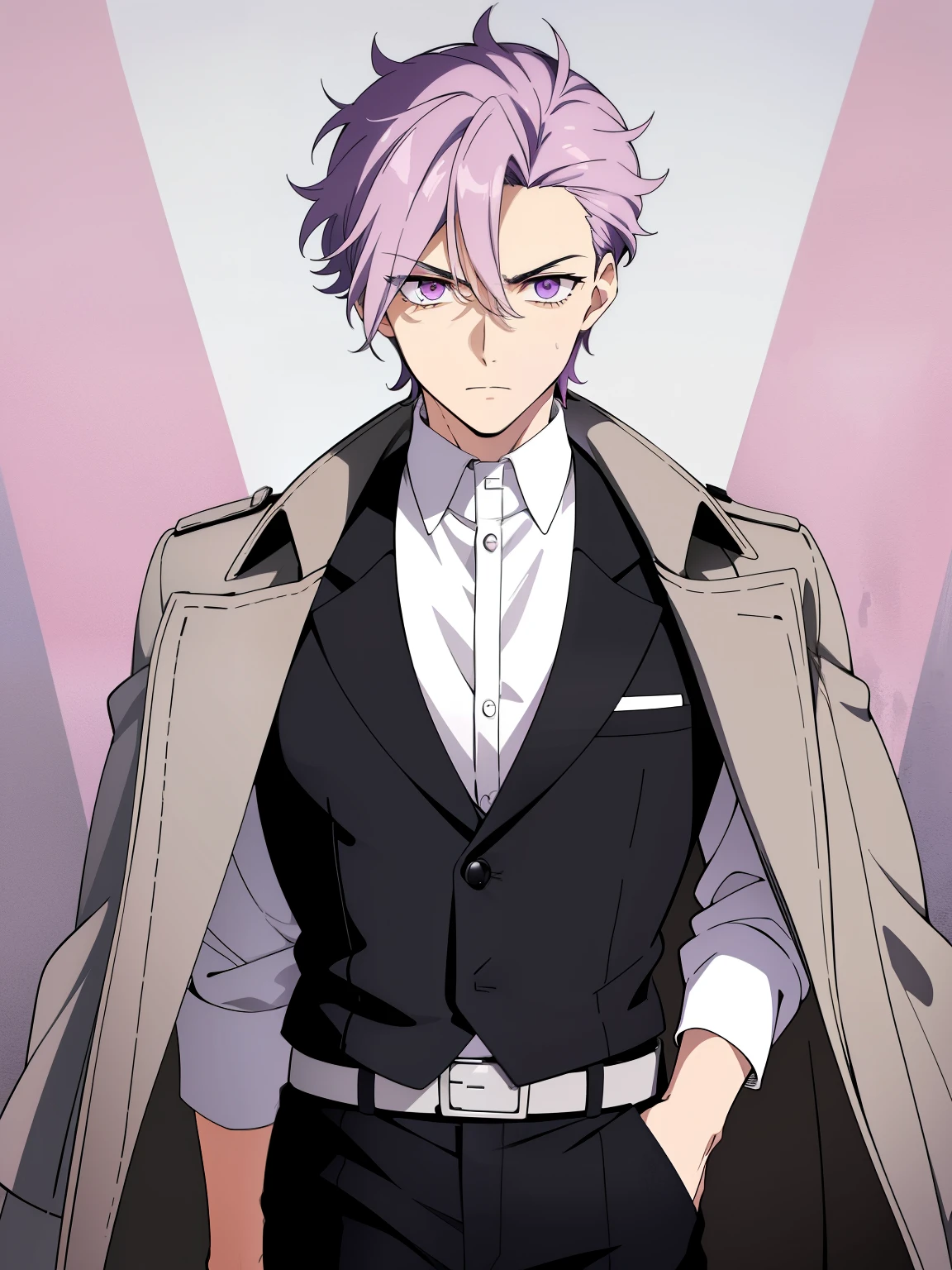 (high-quality, breathtaking),(expressive eyes, perfect face) portrait, 1boy, male, solo, adult man, Symmetrical Eyes, age late 30's, light purple eyes, medium hair length, spiky curly hair, stylized hairstyle, looking at viewer, portrait, neutral expression, black trench coat, white shirt, black vest, belt, black pants, grey background, coat on shoulders, jacket on shoulders, slender build, burn marks on face, boy hairstyle, white to pink ombre
