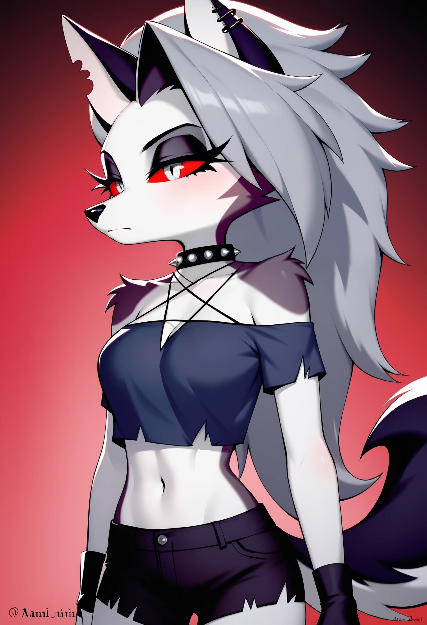 score_9, score_8_up, score_7_up, Akami Mira, (Vivziepop style), anthro, canid, canid demon, demon, female, hellhound, helluva boss, instagram, (loona), mammal, midriff, official art, red sclera, safe content, shoulderless shirt, solo, long grey hair, (by vivzmind)