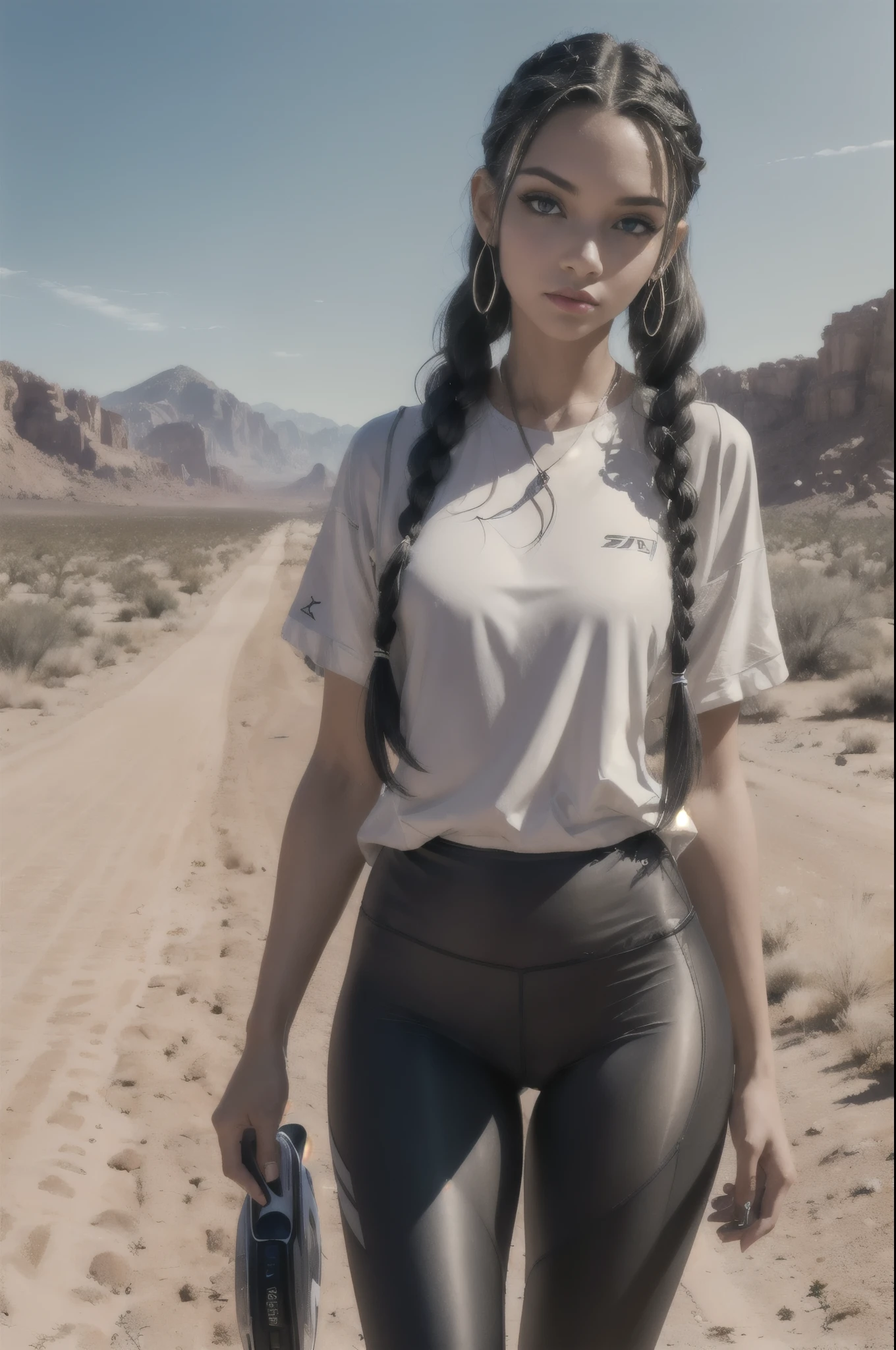 ((RAW photo), absurd, (absurdresolution)), masterpiece, best quality, (Extremely detailed 8k unity CG wallpaper), (best illustration), (best shadow), Realistic lighting, beautiful detailed glow, hyperrealism, (the most beautiful 21 year old girl, american)), (pearl gray eyes, sharp pupil), (girl with a thin, slim, perfect body), (red lips, mascara), (short black hair, with thin braids and long loose strands), (synthetic leggings, loose blouse, tennis shoes), (jogging on the road, desert meadow). global illumination, afternoon, (Linear Perspective, Vanishing Point). «SunPuma S»