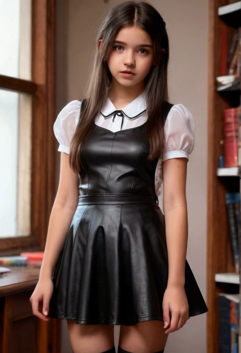 Front angle cute teen beautiful schoolgirl,   short black leather skater pinafore dress,  transparent white blouse, short sleeves, brunet long hair, stockings, standing in library