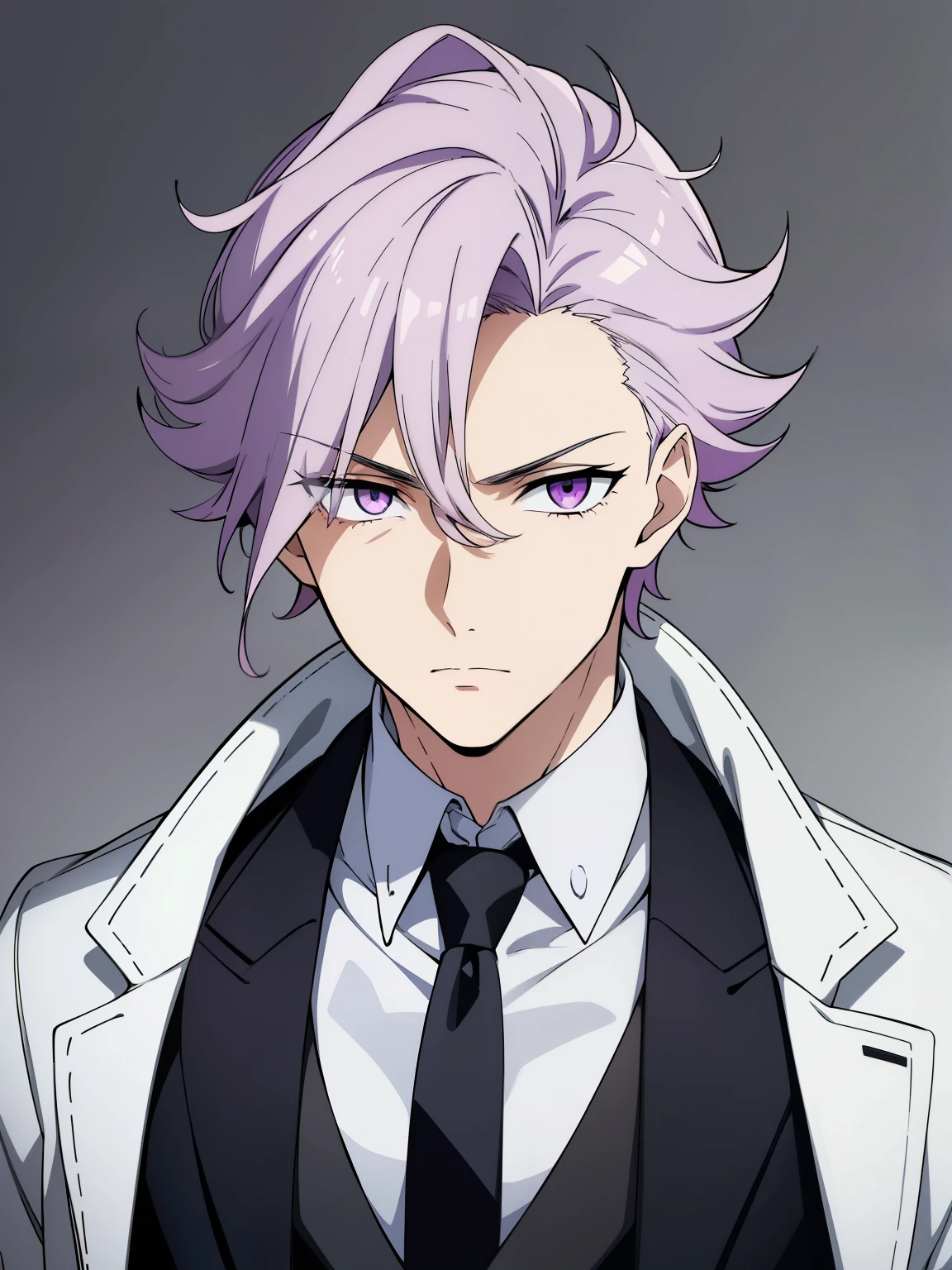 (high-quality, breathtaking),(expressive eyes, perfect face) portrait, 1boy, male, solo, adult man, Symmetrical Eyes, age late 30's, light purple eyes, medium hair length, spiky curly hair, stylized hairstyle, looking at viewer, portrait, neutral expression, grey background, coat on shoulders, jacket on shoulders, slender build, burn marks on face, boy hairstyle, white to pink ombre, formal, coat, collared shirt, black necktie, black pants