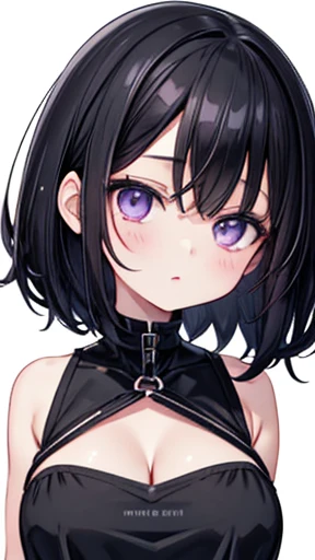 Anime-style portrait of a girl with a dark violet bob cut making eye contact with the camera, bright eyes, baby-faced, subtle smile, minimalistic background to emphasize character, high contrast, clean lines, digital painting, vivid colors, The girl wears her hair in a bob cut, cut at the jawline. Her hair is dark purple and her fringes are parted just in the middle of her forehead, barely peeking over her eyebrows. Other short hair frames the face on either side of the fringe, reaching just above the eyes, and the hair on the sides is clipped above the ears. The hair on top has slight volume and forms an overall rounded silhouette. The texture of the hair is smooth, shiny and lively. The ends of the hair are lightly styled inwards.