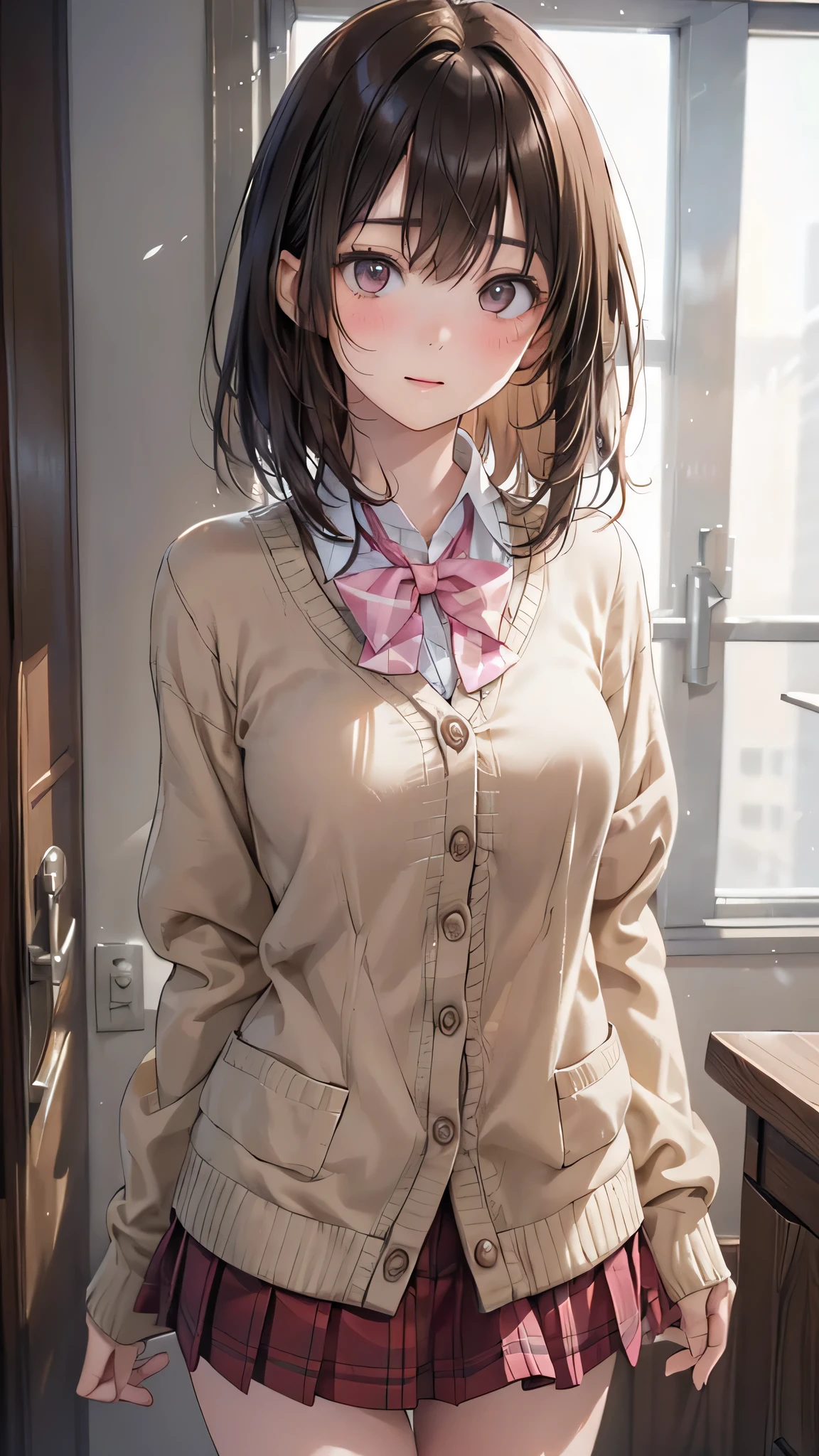 1 Female,brown hair, ,,Beautiful breasts,sweater,Pleated Skirt,Stylish,,(Look forward)(((Blushing、Surprised expression)),((())),((( A little cum on the inside of the thigh))), (pussy juice:1.3), School