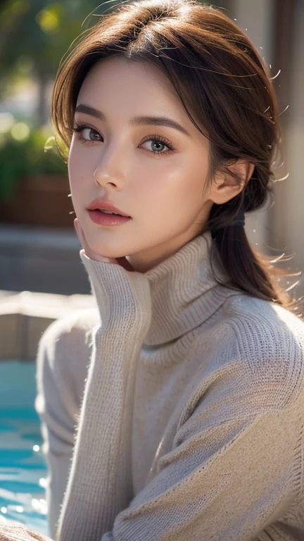 a beautiful mature woman, in a turtleneck sweater, relaxing in a hot spring, front view, hand-drawn, illustration style, detailed facial features, highly detailed, 8k, photorealistic, beautiful detailed eyes, beautiful detailed lips, extremely detailed face, intricate details, warm color palette, soft lighting, digital painting, masterpiece,