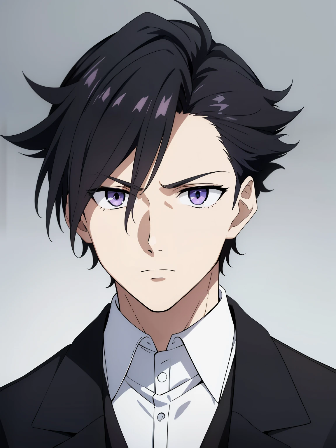 (high-quality, breathtaking),(expressive eyes, perfect face) portrait, 1boy, male, solo, adult man, Symmetrical Eyes, age late 30's, light purple eyes, medium hair length, spiky curly hair, stylized hairstyle, looking at viewer, portrait, neutral expression, black trench coat, white shirt, black vest, belt, black pants, grey background, slender build, burn marks on face, boy hairstyle, black to blue ombre, two toned hair,
