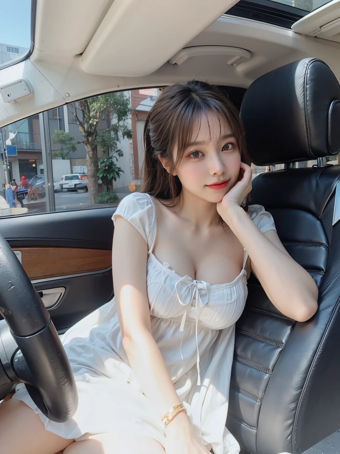 ((Face-to-face angle、Shooting the camera from below))top-quality、​masterpiece、top-quality、​masterpiece、「(masutepiece, High quality, Ultra High Quality, 4K)、beautiful a girl、Large breasts、校服、White blouses、pleatedskirt、Medium bob hair、beautiful hair of light brown color、Large breasts、plump big breasts、Black pantyhose、She sits with her legs open on the train、Face-to-face angle,(Camera angle from below),She sits with her legs open in a train seat、Showing white panties、Zoom camera in the crotch,Feet are on the floor of the train,full body Esbian, watching at viewers, Best Quality, Ultra high definition, (Photorealistic:1.4),, High resolution, detail, Raw photo, Sharp Re, Nikon D850、film stock photograph 、F1.6 Lenses 、Rich colors、Ultra-realistic and lively textures、dramatic  lighting