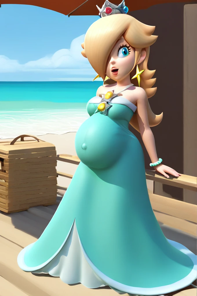 score_9, score_8_up, 1girl, solo, rosalina, style parody, thick outlines, bikini, Dress, pregnant belly, big belly, strapless, cleavage, indoors, beach, happy, showing his belly