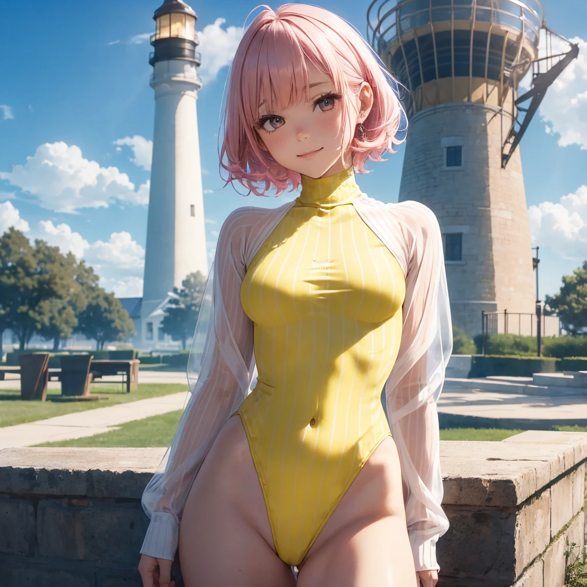 8k ultra high resolution, top-quality,Super detailed,Award-winning:1.3,Original photo, Smile and show it to me,blush,Anatomically correct, beautiful body and limbs,One Girl,(Wear a long sleeve leotard:1.9,Yellow trimmed long sleeve leotard,White line long sleeve leotard,Yellow striped long sleeve leotard,White high neck long sleeve leotard,Low cut long sleeve leotard Pink patterned high neck long sleeve leotard,),(bare shoulders:1.01),Small breasts, One Girl, (Ham Cannon,short hair, Antenna Hair, Hair Ribbon),Pink Hair,Pink Eyes,Yellow Hair Ribbon, Pink metallic swimsuit,One piece metallic swimsuit,Climbing the lighthouse,In front of the lighthouse lens,Fresnel Lens,The lighthouse&#39;s luminous part,Pose as if holding a lighthouse in hand,(Right palm facing up),Rear view,Crouching,Sitting,milky way,meteor,Streaks of light,Sandy Beach