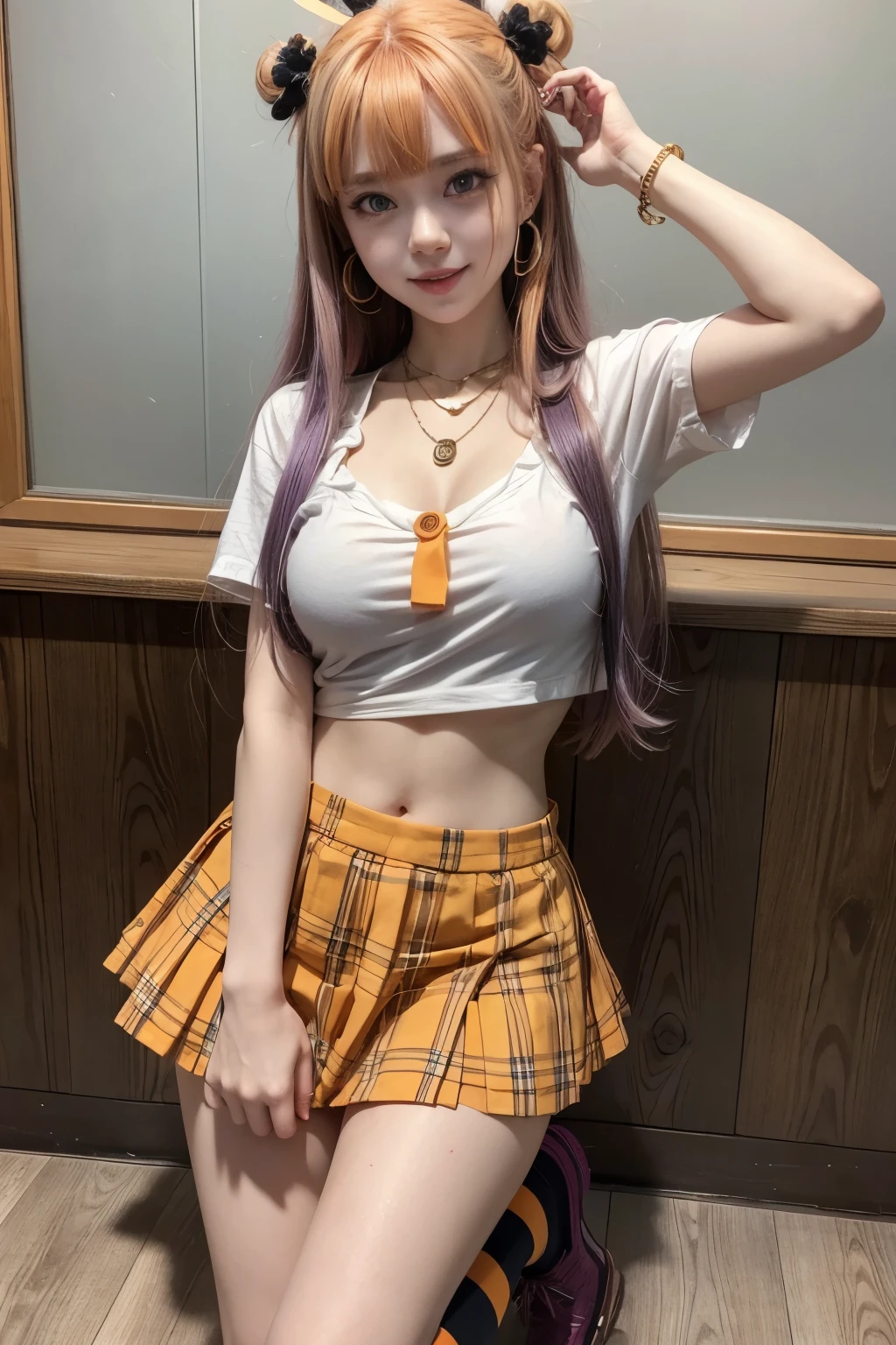 Pretty Asian girl, idol, extremely detailed CG, 8K High Quality, Depth of field, Cinematic Light, Lens Flare, Ray tracing, beautiful lips, lots of cute soft freckles, beautiful detailed eyes, intricate detail face, ultra detailed skin, 1girl, in the dark, deep shadow, front shot, face forward,  she has shiny red lipstick, big  eyes, ((black brown eyes)), she's tall, she's 26 years old , random position, pale skin, very flashy colorful orange hair, orange eyebrows, very small breasts, very nice detailed cleavage, looking at viewer, coy smile, she has lots of tattoos, must wear a shirt, ((wear low waist white tartan plaid short skirt with visible red thong legs)), shiny tight sailor top that pushes up her breasts, ((wide gap between thighs:1.6)) , view full body from head to toe shot 3/4 , navel piercing, wear cosplay cat ears headband, wear high thighs stockings with hangers from under her skirt with belts and straps, loops earrings, piercings, jewelry, lots bracelets, at the amusements park, (Intense sex appeal of young women), (woman who makes erotic temptations), (she reaches an amazing orgasm) , (((rare angle))), she's a slut, she has small shoulders, 
 exhibiting idol-like features, emerges from the depths of shadow in an extremely detailed CG Unity 8K wallpaper. Her beautifully sculpted face boasts intricate details, with ultra-detailed skin that appears almost alive, ((she has freckles))