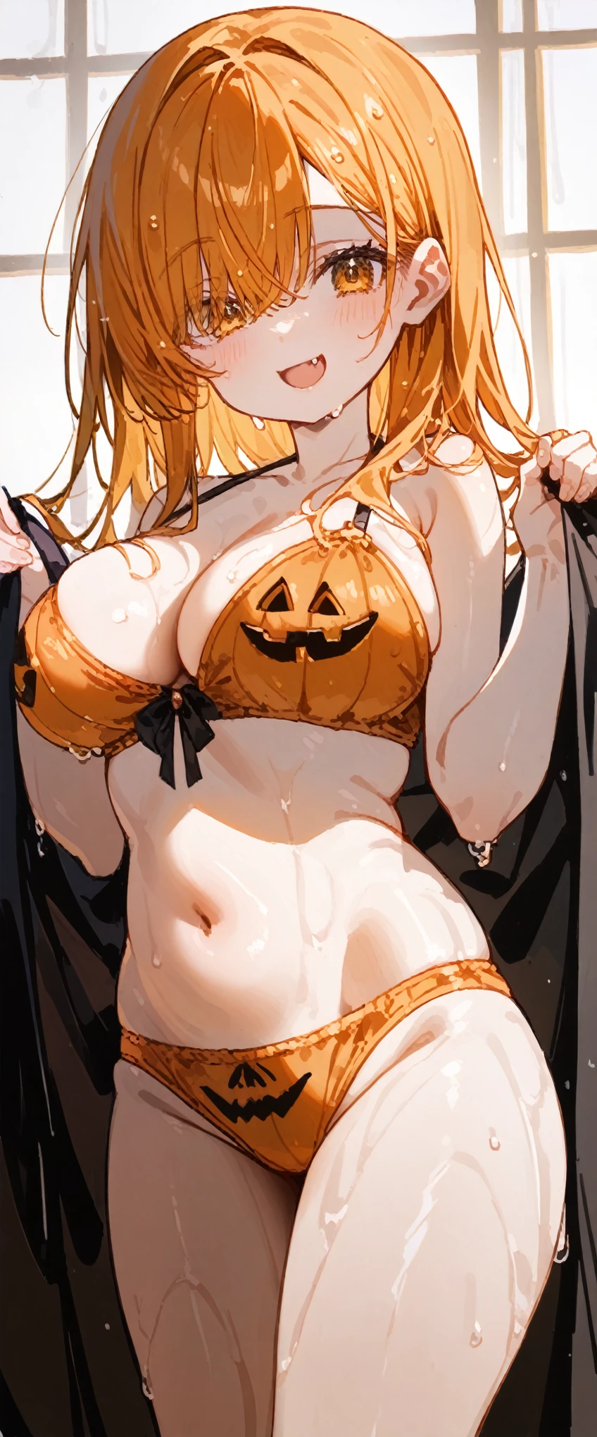 background((White))(High resolutionの傑作, 超High resolution, high detailed, High resolutionモデル, Best Quality:1.2), Young girl,White skin,Oily, Sweaty skin, Golden orange hair bangs, Highlight color hairstyle,Inner Color, Behind the ear,Large Breasts, , Wet Hair,Mid-length hair, Diagonal bangs, Hair covering the eyes:1.3, Cookhold Subjective(masterpiece:1.5), Super detaileded, High resolution, 8k, Beautiful golden eyes、detailed, 1 cute girl,Mid-length hairの小さい***, Golden droopy eyes, Large Breasts,Pumpkin Underwear Halloween Costume Outfit,Fang Smile