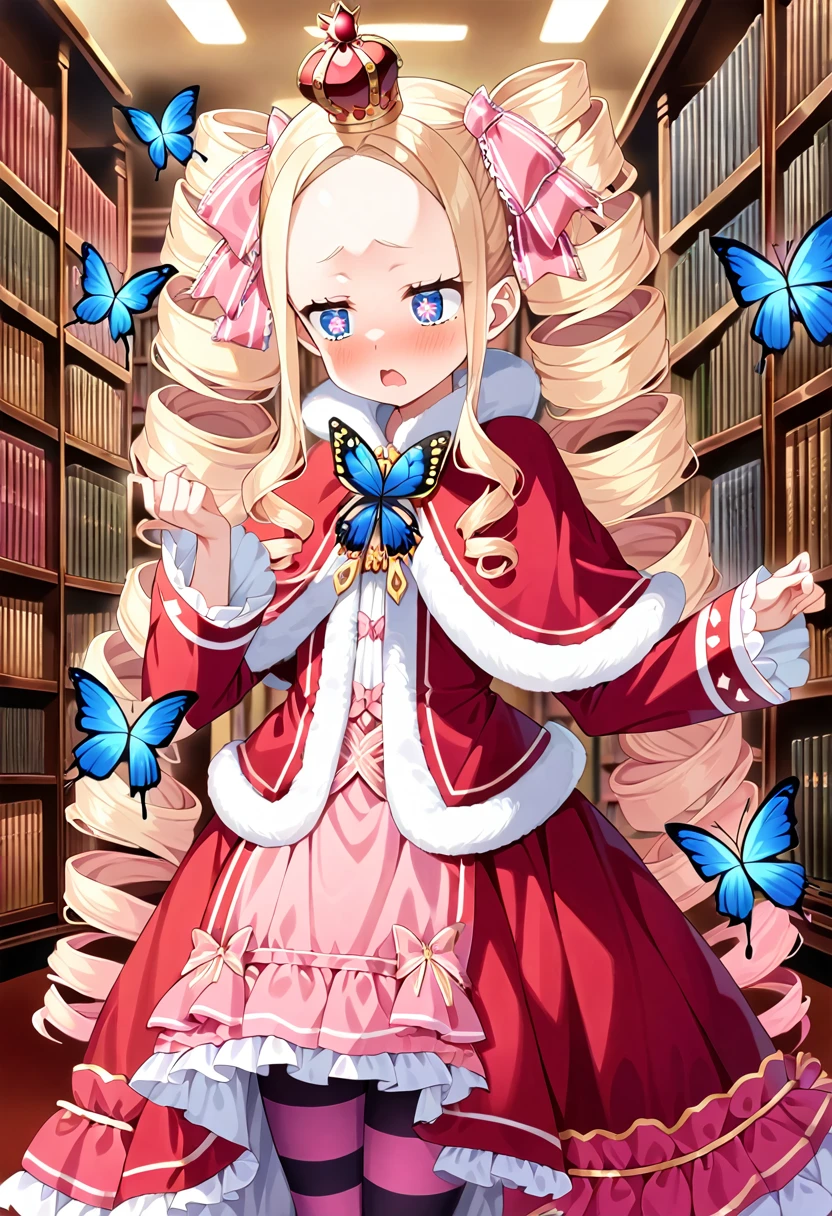 (small),(masterpiece, Best Quality), Intricate details, One girl,(Beatrice), Blonde,blue eyes, (Butterfly-shaped pupils:1.5), Drill Hair, Long Hair, Parted bangs, (forehead:1.5),((beautiful detail eyes:1.3)),twin drills,Side Lock,Capelet, Crown, dress,frills, Fur trim, fur-trimmed ,long dress, Long sleeve, mini Crown, pantyhose, red Capelet, Sleeves are longer than the wrist, Striped, Striped pantyhose,Big Hair,((blush:1.1)),confused,panic,surprise,(library)