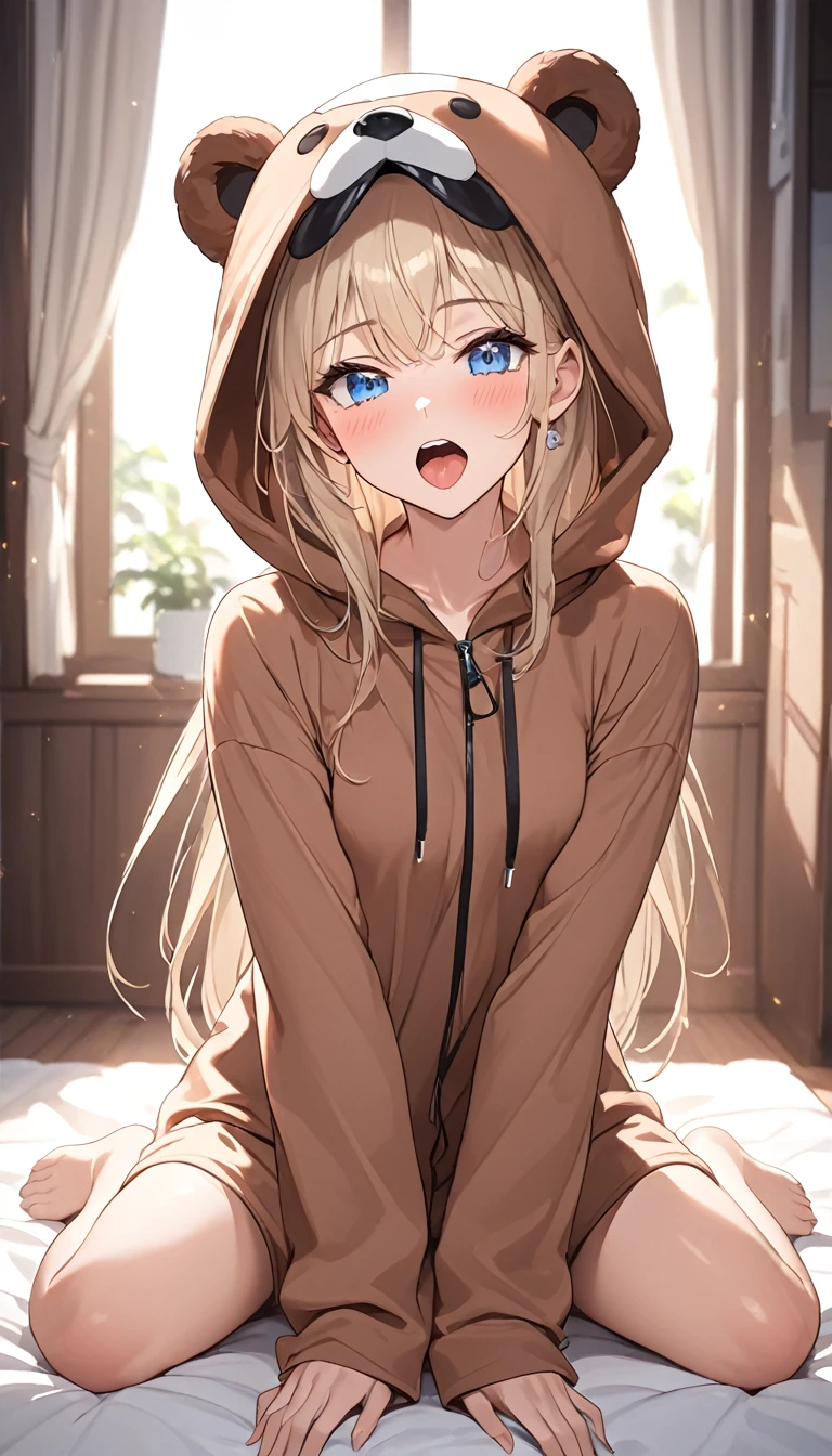 Beautiful attractive girl、 (((Ultra-high resolution、Ultra HD、Ultra high definition、Highest Settings、８k、)))、(((Small breasts)))、clear、４k、((Wearing a detailed and intricate bear costume、Waking up、Yawning and stretching、))、(CG Art)、A bright, sunny room、Beautiful shiny blonde、Beautiful blue eye detailed、Beautiful clean skin、High angle、Waking upの表情、