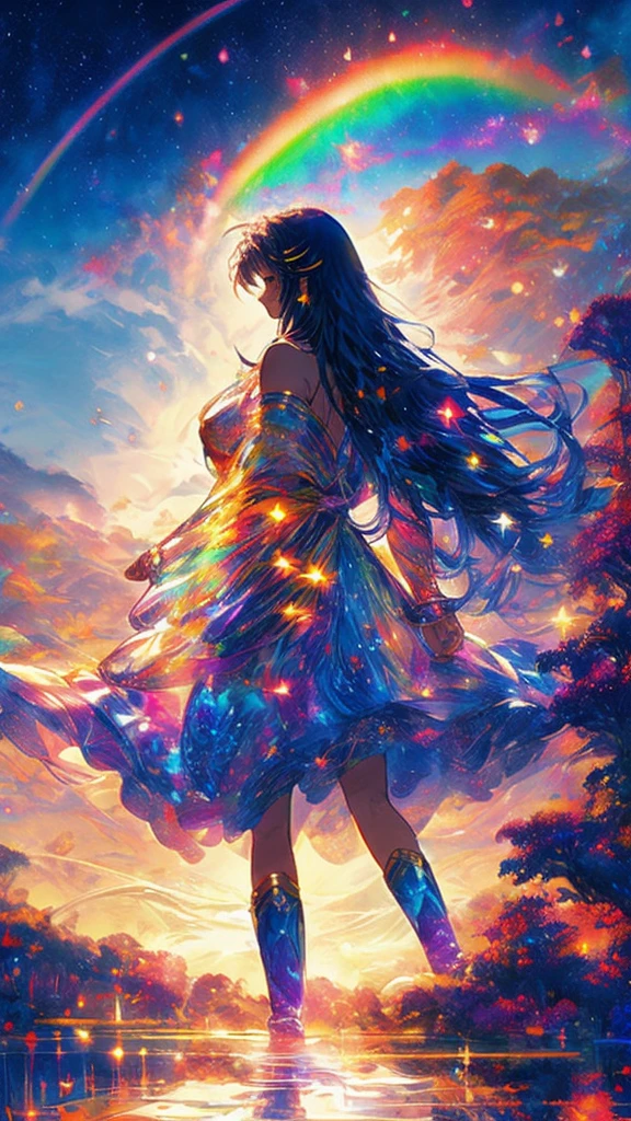 A cute woman (colorful sheer airy dress with intricate embroidery, nude underneath) strolling through a lavish flower garden at night