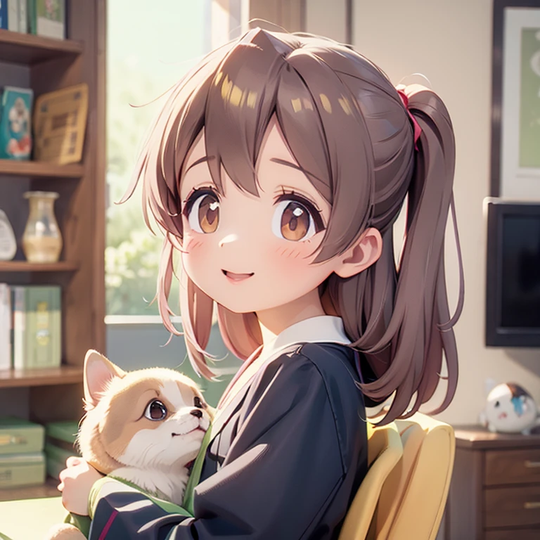 Please draw a high school girl in a Japanese uniform..。Petting a medium-sized Shiba Inu。Hair is medium length、Dark Brown、She has a gentle smile。Living room at home、sofa。(Please redeem、8k、masterpiece:1.3)、Very detailed、Genuine、High resolution