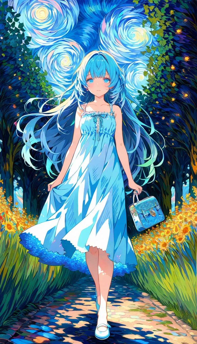 Absurd, high resolution, ultra detailed, break, flat chest, long hair, (((( light blue long hair)))), ((blushing)), clear blue eyes, break, blunt bangs, walking, break, sundress, break, rich gradation, extreme colors, extreme details, clear light perception, break, (Monet, Impressionism, oil painting), anime characters, break,Van Gogh style/Van Gogh スタイル/Van Gogh, (Official Art, beauty and aesthetics: 1.2), (Fractal Art: 1.3), Pastel color scheme, Most detailed,Spread your hands
