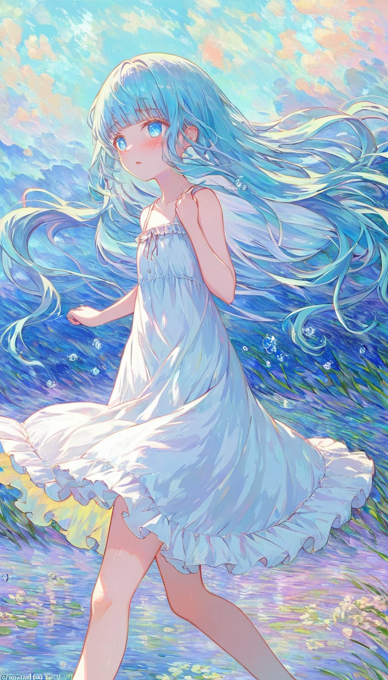 Absurd, high resolution, ultra detailed, break, flat chest, long hair, (((( light blue long hair)))), ((blushing)), clear blue eyes, break, blunt bangs, walking, break, sundress, break, rich gradation, extreme colors, extreme details, clear light perception, break, (Monet, Impressionism, oil painting), anime characters, break,Van Gogh style/Van Gogh スタイル/Van Gogh, (Official Art, beauty and aesthetics: 1.2), (Fractal Art: 1.3), Pastel color scheme, Most detailed,Spread your hands