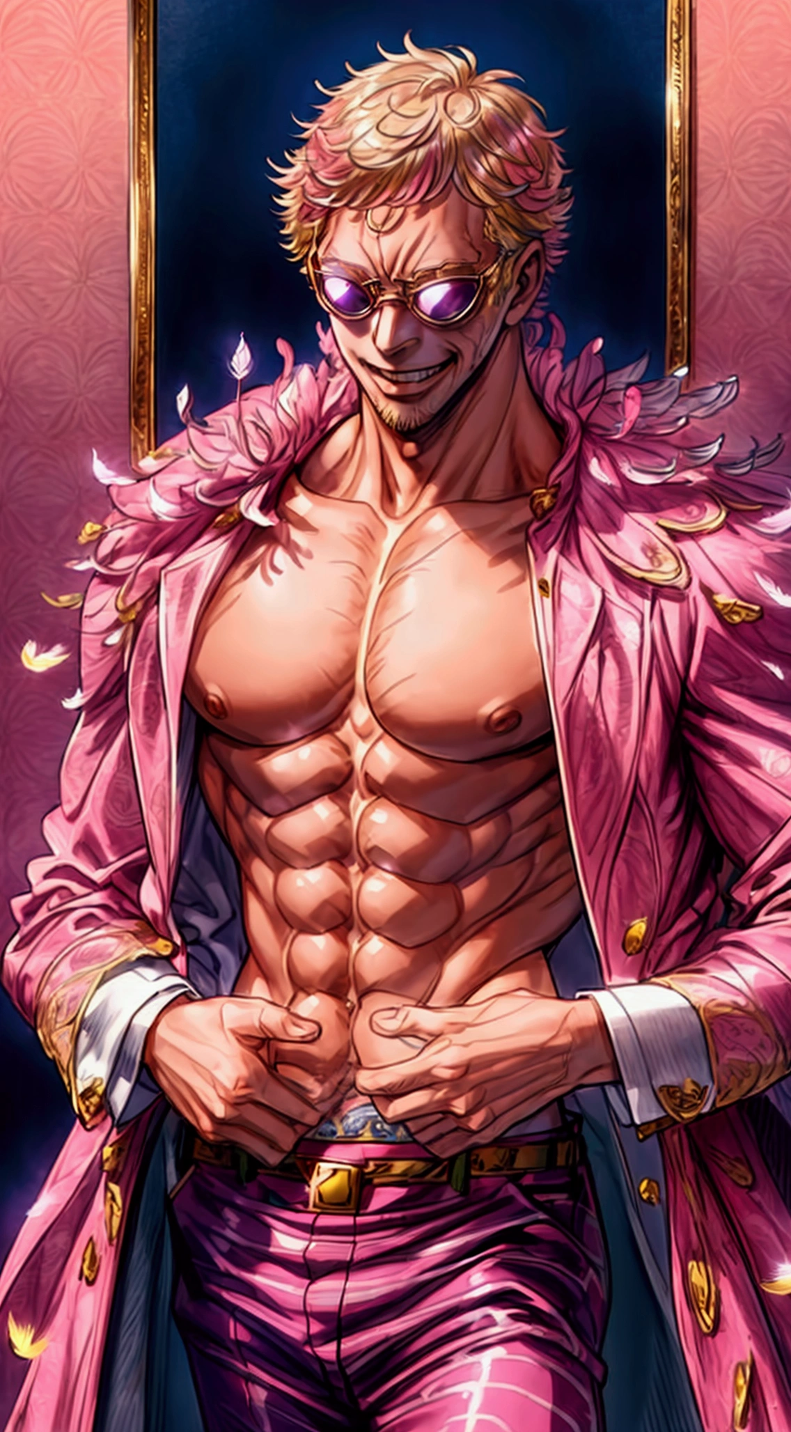 masterpiece, ((ultra detailed background, delicate pattern, intricate detail)), (highly detailed, fine details), best quality, beautiful lighting, (portrait), doflamingo, 1guy, solo, Short Hair, blonde hair, ((guy, Muscled physique, cowboy shot)). evil smile, (large pink feather coat, fuzzy coat), complex detailed background, outside, Colosseum environment, evil sky, sky, clouds, 