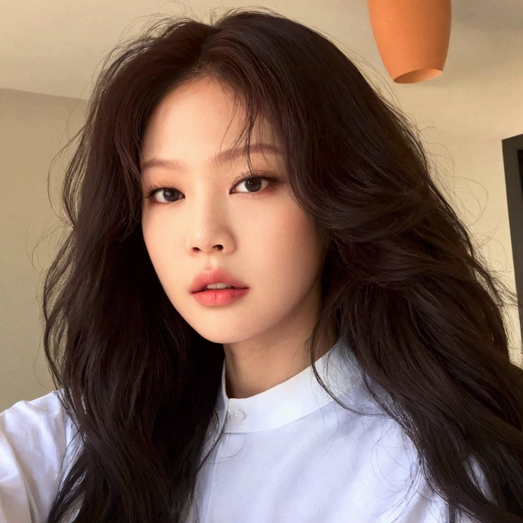 a close up of a woman with long hair wearing a white shirt, popular south korean makeup, beautiful south korean woman, gorgeous young korean woman, ulzzang, popular korean makeup, beautiful young korean woman, korean girl, korean face features, young adorable korean face, asian girl with long hair, wavy shoulder-length hair, beautiful aesthetic face, korean symmetrical face, blackpink jennie, jennie kim, Kim Jennie, Beautiful,  Kpop Jennie