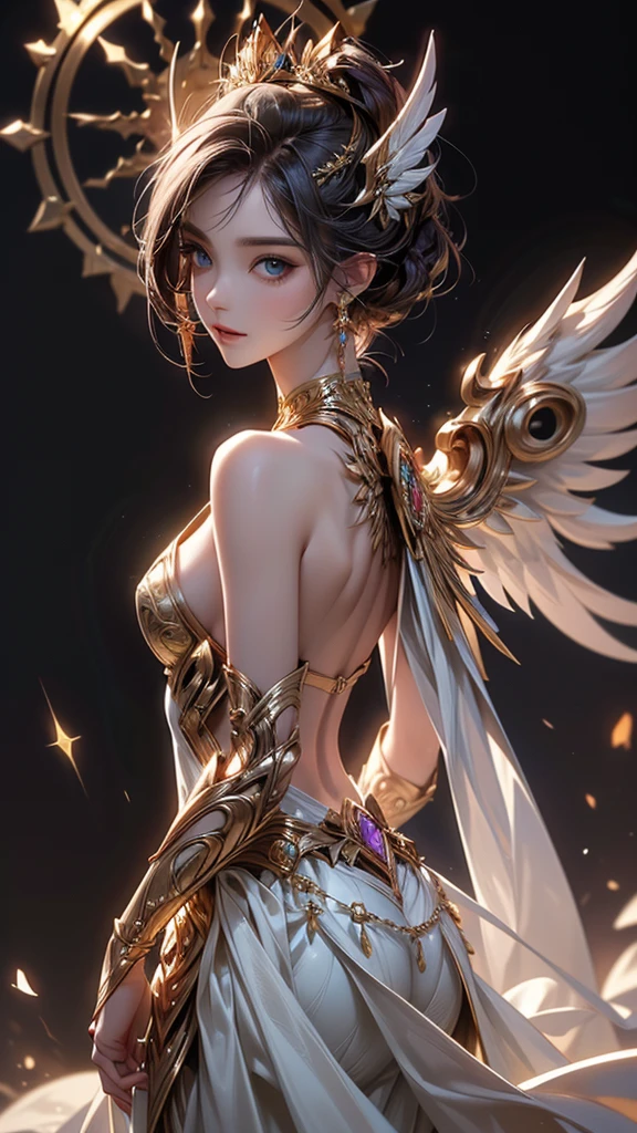 beautiful lady, glossy orange brown layered bobcut, hair over one eye, (attractive and seductive) and (amorous and lewd) face, make-up, wearing white knit sleeveless dress, gold accessories, glamorous proportions, arms up armpit, background dim bar, (ultra detailed, absolutely resolution, best quality:1.3), 2.5D, delicate and dynamic effects, iridescent lighting effects, artistic, hyper, graphic CG digital art