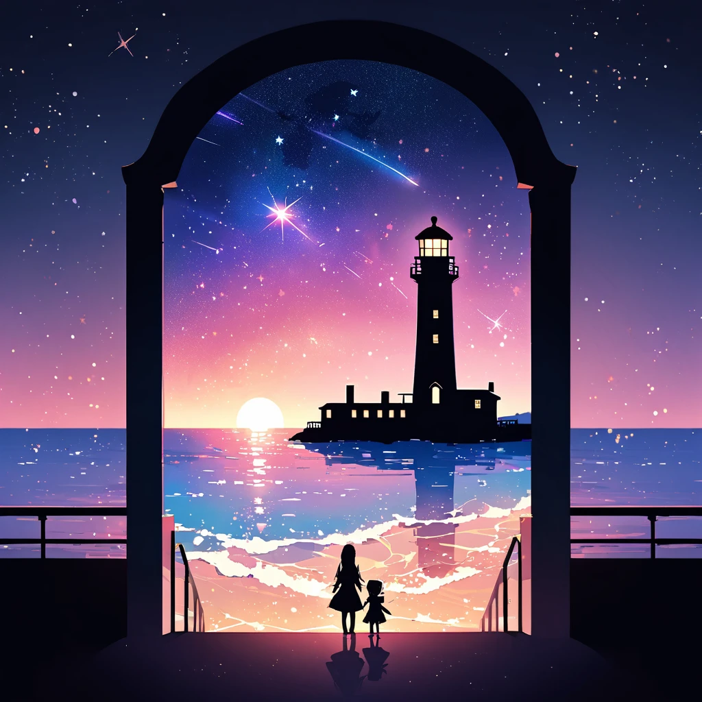 Flat illustration, 2D art, shadow art, shadow picture, (lighthouse), lighthouse shadow art. Lighthouse and ground made of shadows, the windows are made of colorful cellophane. Iridescent light is emitted from the lighthouse, with light particles, Black purple blue light blue gradient background, countless stars shine in the night sky, shooting stars also add a magical atmosphere to the scene, light particles. pastel colored stained glass-like sea, Horizon. Silhouette art, (Fairy tale, fantastic fairy tale art for children). seen from the side. 