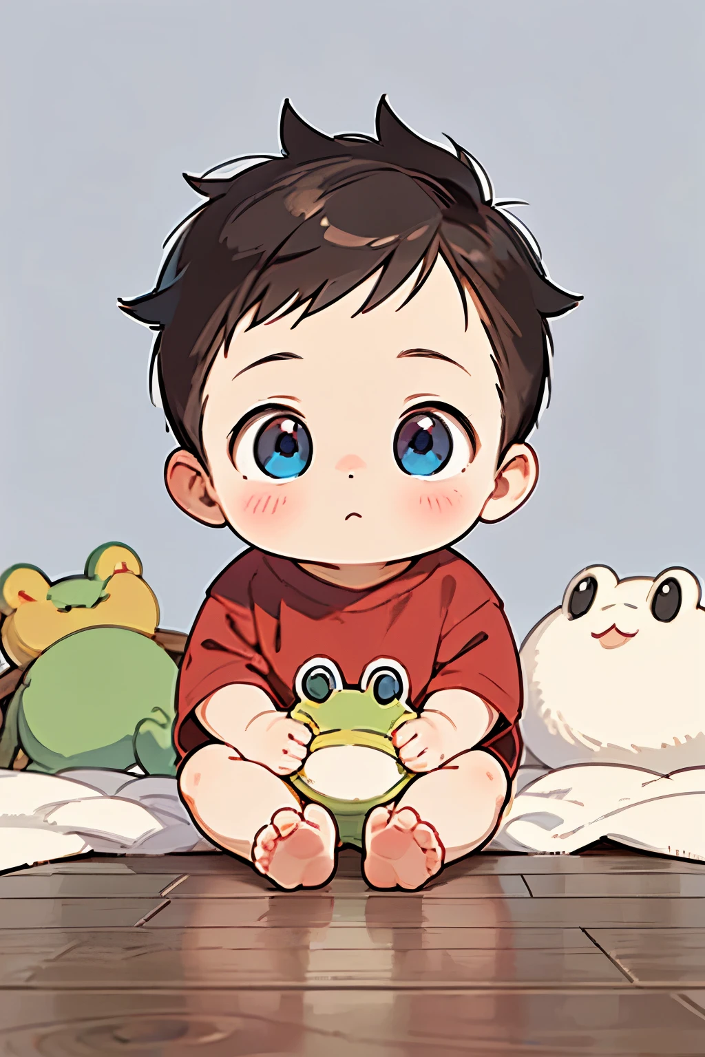 (high-quality, breathtaking),(expressive eyes, perfect face) portrait, Symmetrical Eyes, 1boy, solo, 1 , dark red hair, blue coloured eyes, medium hair, spiked hair, fluffy hair, baby faceckground, wooden floorboard, stone wall background, detailed eyes, sitting in a pile of blankets, red shirt, black shorts, frog plush
