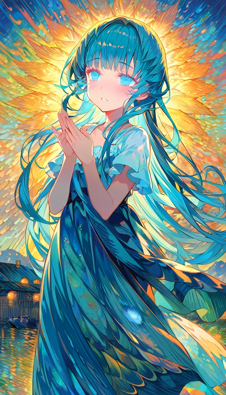 Absurd, high resolution, ultra detailed, break, flat chest, long hair, (((( light blue long hair)))), ((blushing)), clear blue eyes, break, blunt bangs, walking, break, sundress, break, rich gradation, extreme colors, extreme details, clear light perception, break, (Monet, Impressionism, oil painting), anime characters, break,Van Gogh style/Van Gogh スタイル/Van Gogh, (Official Art, beauty and aesthetics: 1.2), (Fractal Art: 1.3), Pastel color scheme, Most detailed,Spread your hands