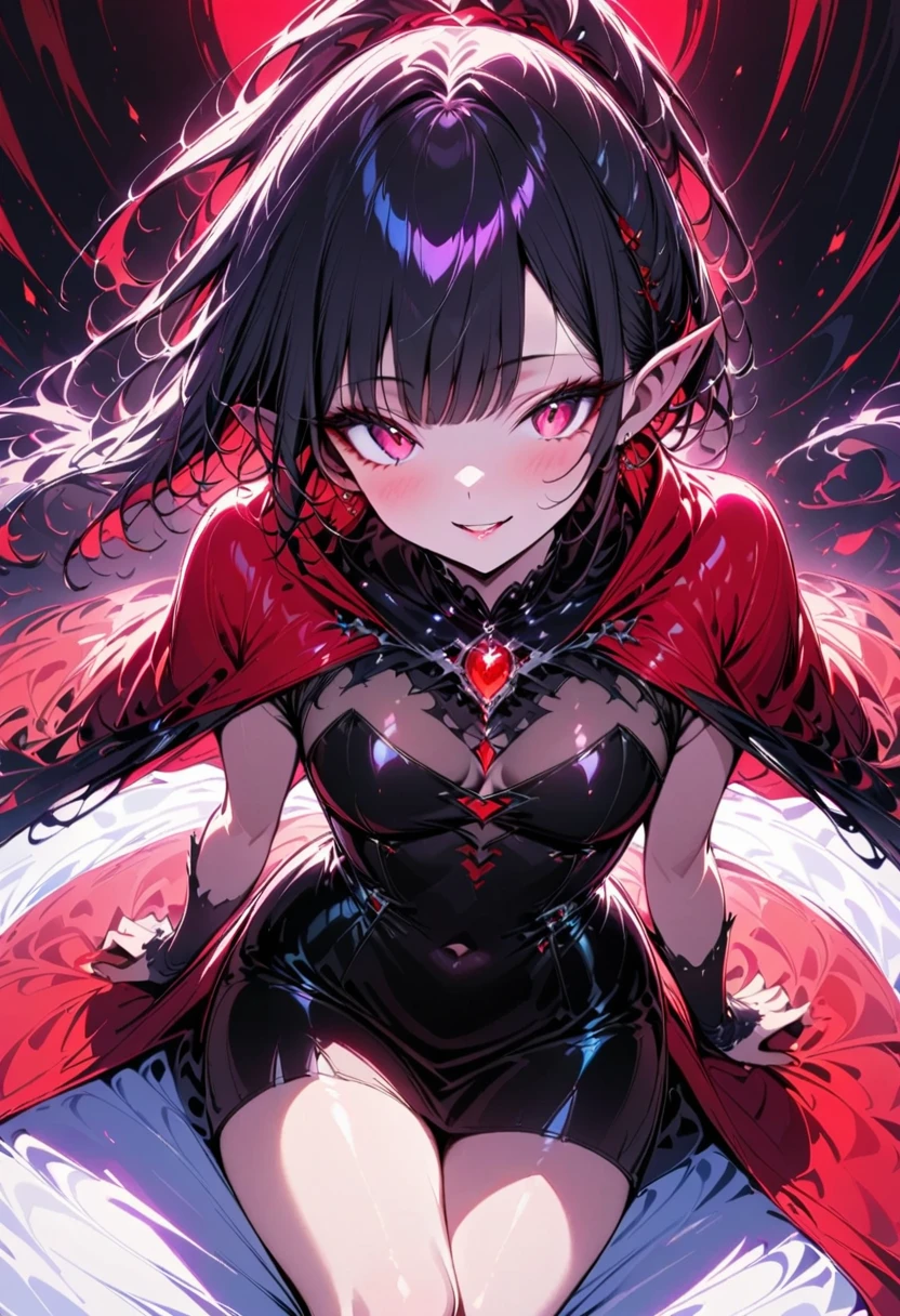 1人の可愛いvampireの少女,(Best Quality,Extremely detailed depiction,Incredible high resolution,Anatomically accurate,High quality anime drawings),(vampire,Black short dress,Elegant appearance,A red ribbon in her hair,Shiny red gemstone brooch,Red Cape,Red high boots),(Black Hair,Short Ponytail,Red eyes,Eyes half closed,A fearless smile:1.3,Pointy Ears,Spiky canines,eyelash,Beautiful legs,Porcelain-like skin),Full body image:1.2