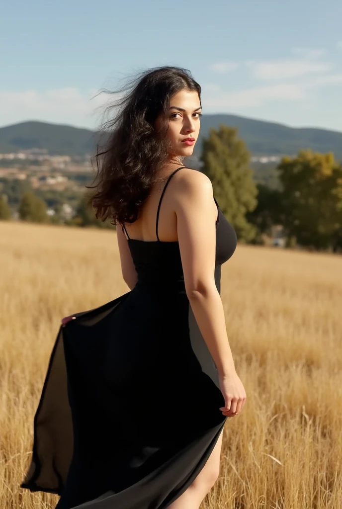 beautiful woman, very long hair, wearing a black sun dress, dress flowing in the warm breeze of the mountains
