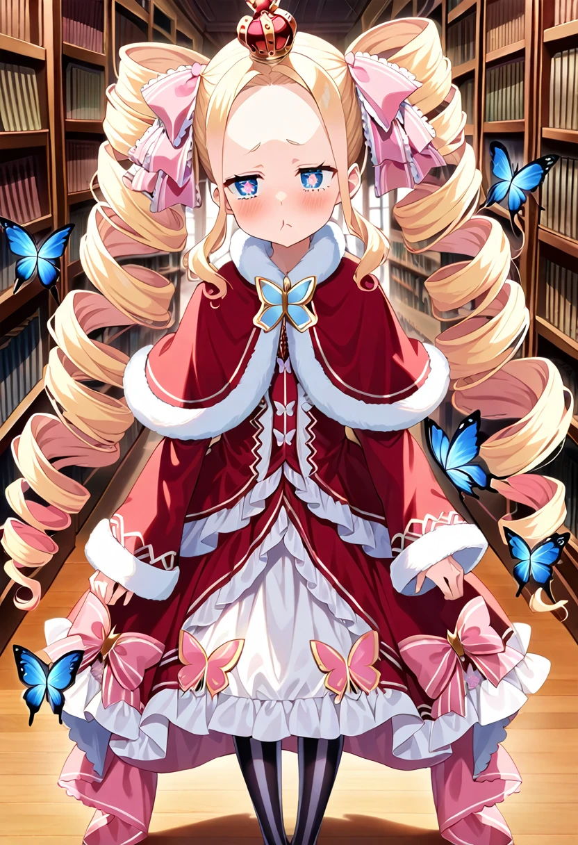 (small),(masterpiece, Best Quality), Intricate details, One girl,(Beatrice), Blonde,blue eyes, (Butterfly-shaped pupils:1.5), Drill Hair, Long Hair, Parted bangs, (forehead:1.5),((beautiful detail eyes:1.3)),twin drills,Side Lock,Capelet, Crown, dress,frills, Fur trim, fur-trimmed ,long dress, Long sleeve, mini Crown, pantyhose, red Capelet, Sleeves are longer than the wrist, Striped, Striped pantyhose,Big Hair,((blush:1.1)),confused,((puff out cheeks:1.1)),(library),(looking up:1.1),((Tsundere:1.2))