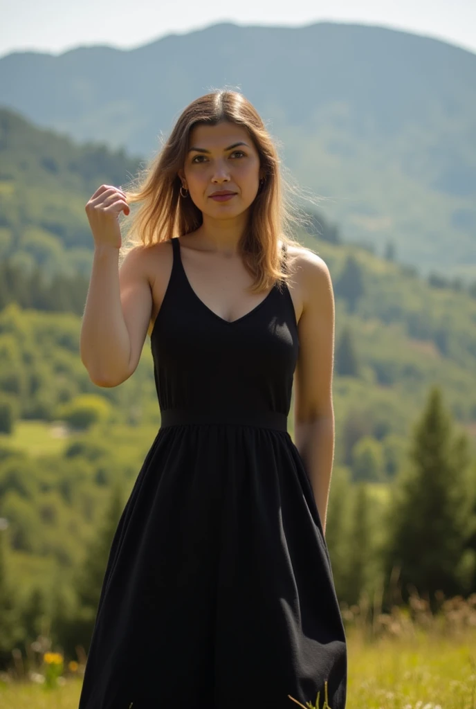 beautiful woman, very long hair, wearing a black sun dress, dress flowing in the warm breeze of the mountains 