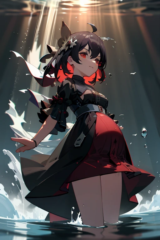girl with short bob hair,Red eyes ,A shining heaven,A distant view